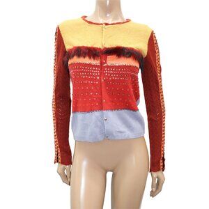 Couture LUXE Beaded Sequin Color Block Cardigan Faux Fur S